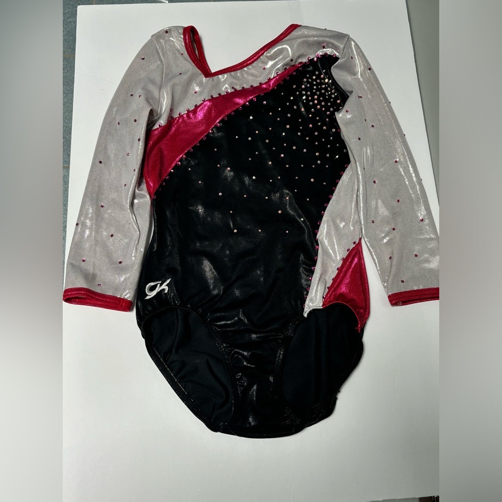 Gymnastics leotard metallic red, silver, and black with rhinestones GK